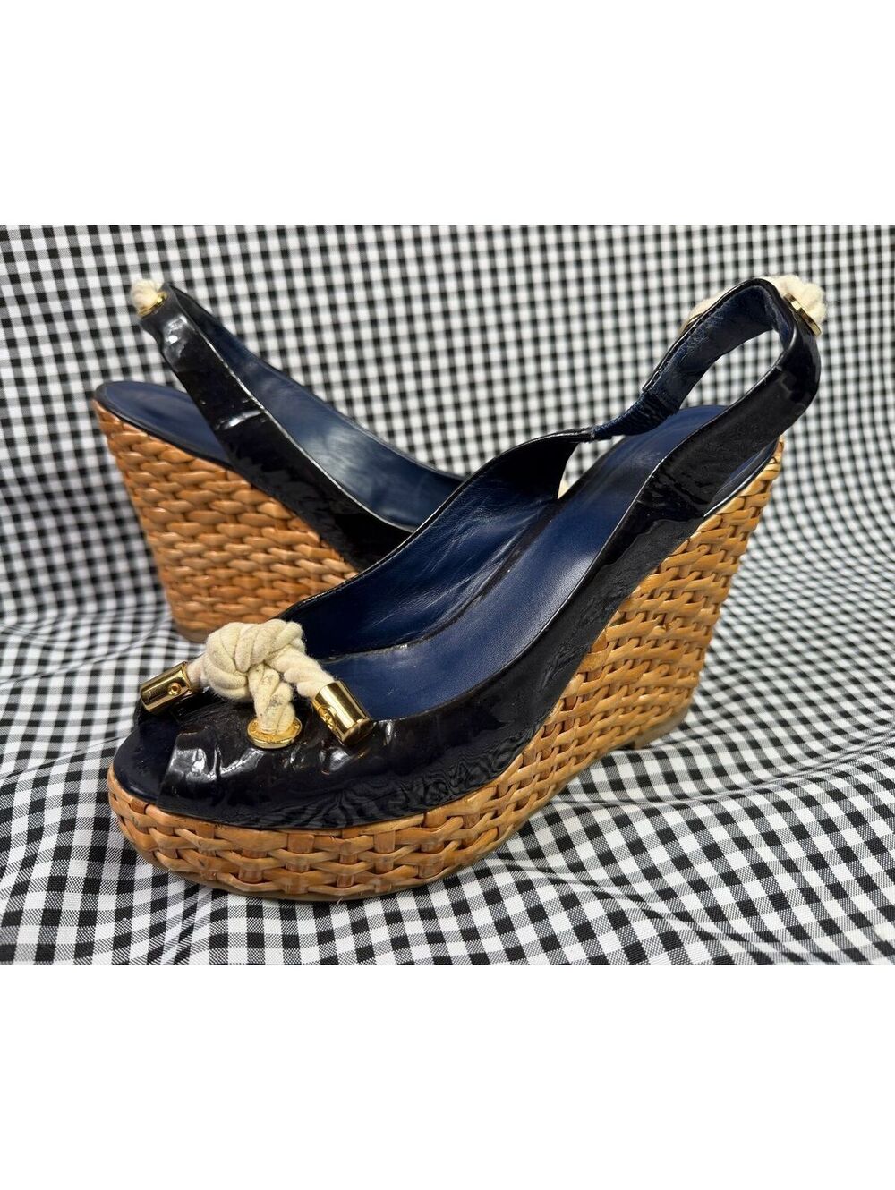 Tory Burch Sailor Wedge Sandals Womens 8 Navy Patent Leather Rope Nautical